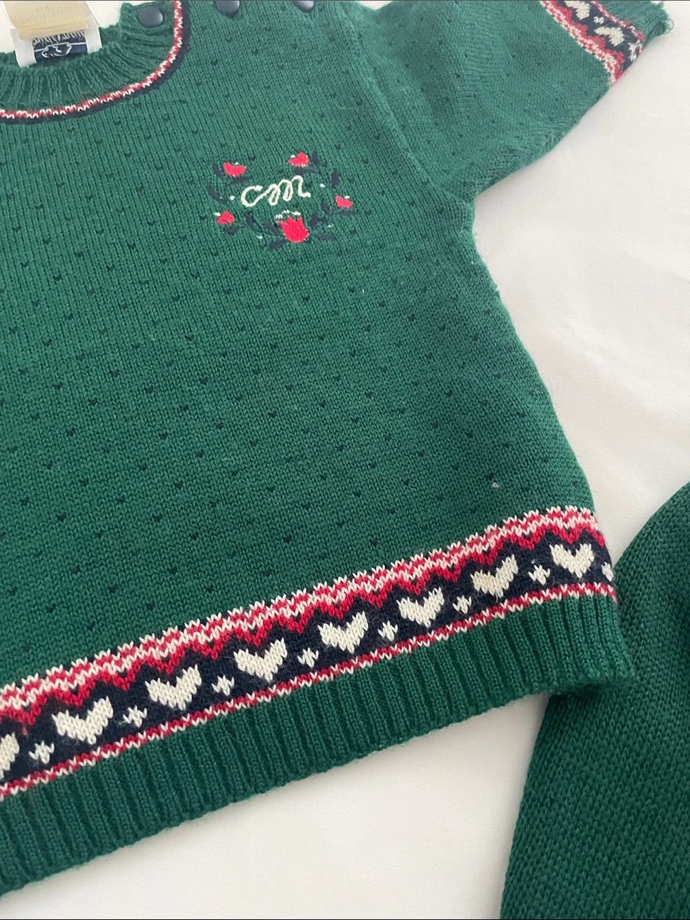 Green Knit Baby Set with Heart Trim Vintage Size 1 Made in France